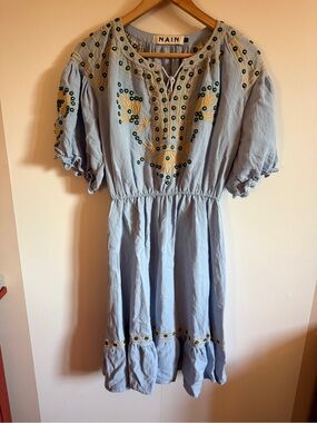 NAIN Blue Embroidered Boho Dress Puff Sleeve Cottagecore Midi